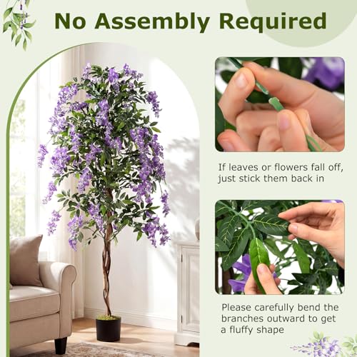 Goplus 6FT Ficus Artificial Tree, Faux Wisteria Tree in Nursery Pot with Purple Lifelike Flowers, Fake Potted Tree Greenery Floor Plant for Indoor Home Office Porch Living Room Decor - color: Purple, size: 6ft