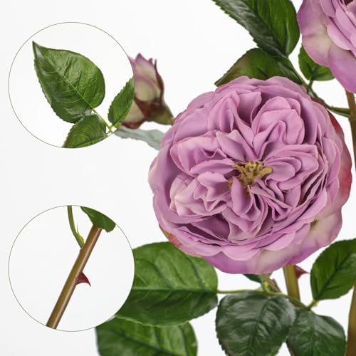 Real Touch Artificial Roses (Set of 3) – 23.6" Long Stem Purple Garden Roses – Lifelike Faux Silk Flowers for Wedding Bouquets, Home Décor, Centerpieces & Floral Arrangements - color: Soft Lavender, size: 3 PCS