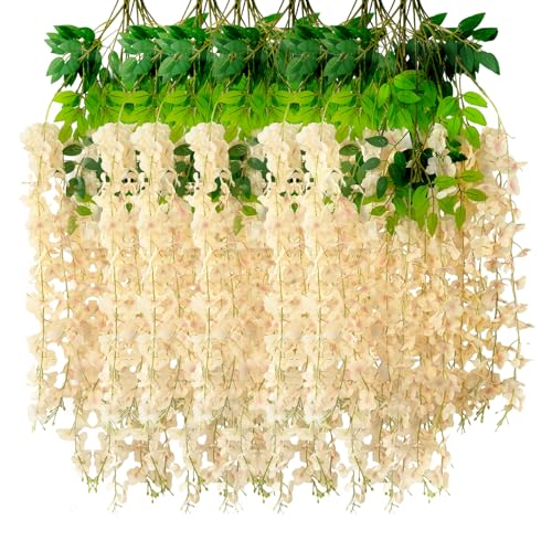 24 Pack Champagne Wisteria Hanging Flowers Garland, 3.77 Feet Artificial Flower Vines, Fake Wisteria, Artificial Vines Hanging Garland for Backdrop Outdoor Yard Garden Decor - color: Champagne, size: 24 PCS