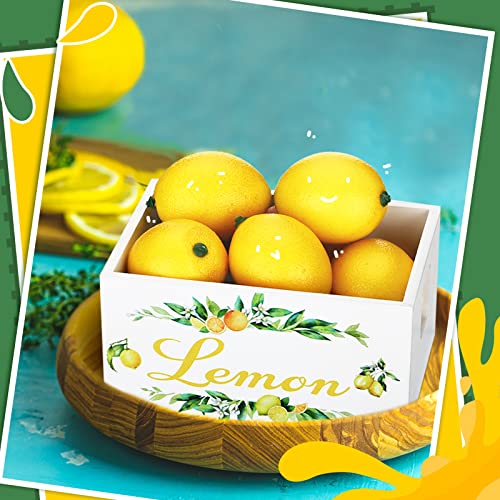 Yulejo Summer Lemon Tiered Tray Decor, Farmhouse Mini Wooden Crate with 8 Pcs Fake Lemons, Lemonade Decorative Box Rustic Table Centerpiece for Kitchen Home Shelf Party Decorations