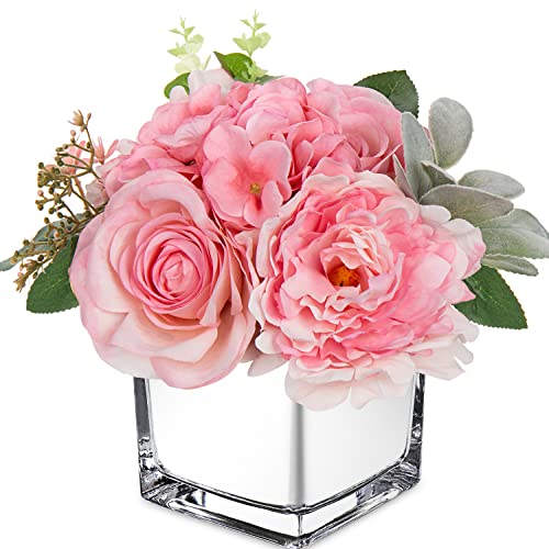 GnFlus Artificial Flowers in Vase Fake Silk Hydrangea Rose Flower Arrangement Faux Potted Flowers for Indoor Home Bathroom Office Table Shelf Decor, Pink - color: Pink, size: 3-in-1
