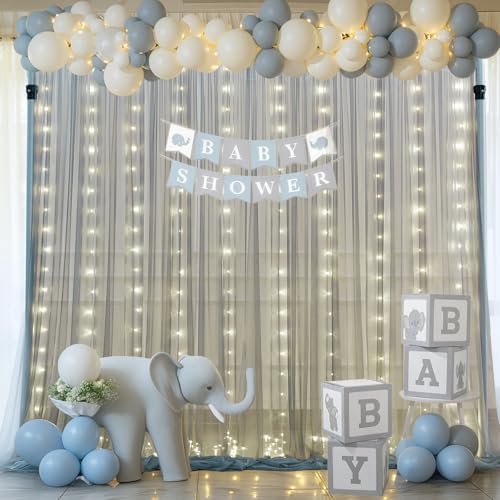 Silver Grey Tulle Backdrop Curtain with Lights String for Parites 10x8ft Sheer Backdrop Curtains for Birthday Party Bridal Shower Baby Shower Wedding Ceremony Prom Photo Booth Background Decorations - color: Silver Grey, size: 10 ft X 8 ft(2 Panels 5ft X