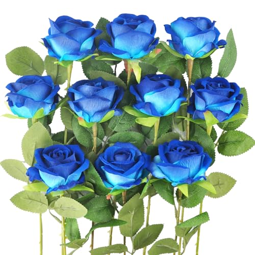 Kenpal Realistic Fake Roses Artificial Flowers with Stem for Decoration Floral Arrangement Centerpieces Wedding Bouquets (10, Blue) - color: Blue