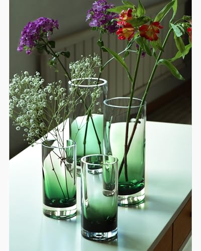 CONVIVA Green Glass Vases for Flowers Cylinder Centerpieces Set of 2, Modern Blown Colored Glass Heavy Thick Sturdy Home Decor Gift Ideas for Mother's Day Vintage Room Decor, 10" & 7" - color: Green Set of 2