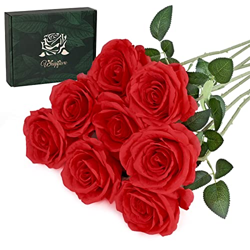 Waipfaru 8 Pcs Fake Red Roses Artificial Flowers Bulk, Real Touch Silk Faux Roses with Long Stems for Wedding Bouquet Vase Flower Arrangement (Red) - color: A-red, size: 8 Pcs