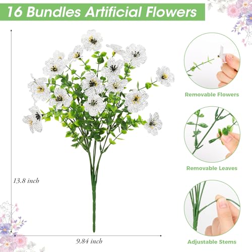 Bassion Artificial Flowers for Outdoors, 16 Bundles UV Resistant Fake Flowers Realistic Silk Faux Plants for Outdoor Planter Window Box Porch Patio Garden Home Outside Decorations - color: White