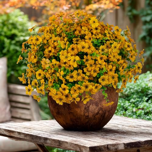 AXYLEX Artificial Fall Flowers for Outdoors Fake Mums - 16 Bundles Faux Plants Outside Greenery Boxwood No Fade Plastic Shrubs Decor Farmhouse Home Garden Thanksgiving (Yellow) - color: Yellow
