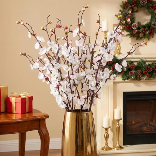 8pcs White Cherry Blossom Branches Artificial Flowers for Winter Spring Indoor Decoration,36" Plum Fake Peach Plants for Wedding Home Office Bedroom Party Decor (White, 36in) - color: White, size: 36in
