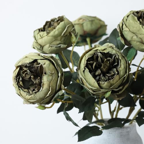 mizii 6Pcs Burnt Green Artificial Roses Flowers Fake Silk Roses Flower with Long Stem for Wedding Decorations Table Centerpieces Flower Arrangement Home Decor (Burnt Green) - color: Burnt Green