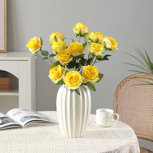 Tifuly Yellow Roses Artificial Flowers -12 pcs Realistic Single Long Stem Fake Silk Roses Bouquet for Party Home Wedding Centerpiece Office DIY Decor - color: Yellow