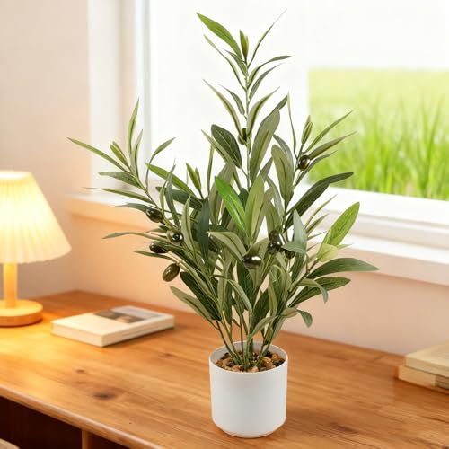 Artificial Olive Branches in Pot, Faux Greenery with White Pot, Fake Potted Green Plants Olive Stems Tables Centerpiece for Desk Shelf Cabinet Bedroom Livingroom Kitchen Indoor Home Decor - color: Potted Olive