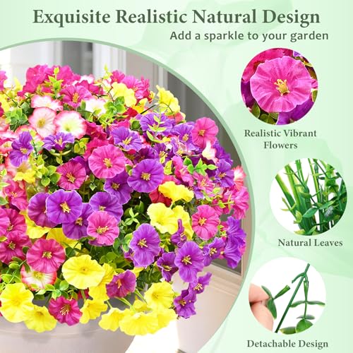 Artificial Flowers for Outdoors, 14 Bundles Fake Outdoor Flowers, UV Resistant Artificial Outdoor Plants & Flowers for Decoration, Colorful Morning Glory for Garden Porch Yard Patio, Mixed Color B - color: Purple, Fuchsia, Pink & Yellow, size: 14 Bundles