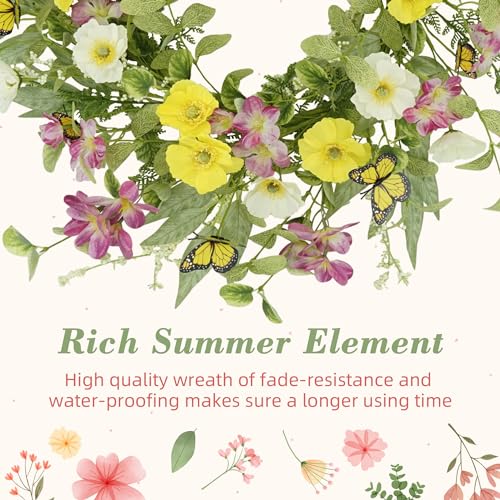 YNYLCHMX 20" Spring Summer Wreaths for Front Door, Artificial Wreath with Yellow Daisies Green Eucalyptus Leaves Butterflies, Green Foliage Wreath for Wall Window Farmhouse Party Holiday Home Decor - color: Daisies&butterflies