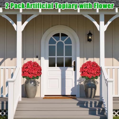 Yangrass Artificial Topiary Red Flowers for Outdoors, Set of 2 Fake Bushes Topiary Ball Trees with Ground Spikes, Lifelike UV Resistant Faux Plants for Garden Front Porch Patio Decor - color: Red Crabapple Blossoms