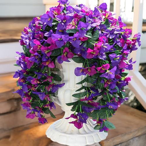 HyeFlora Bougainvillea Artificial Hanging Flowers Plants for Outdoors Decoration, 2pcs Fake Flowers Silk Bougainvillea Vines Realistic UV Resistant Faux Flowers for Outdoor Planters Porch Patio, Mix - color: Purple + Fuchsia