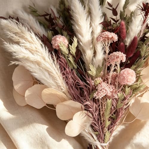 Blush Pink & Burgundy Dried Flower Bouquet, Cream Pampas Grass with Sage Green & Eucalyptus, Boho Dried Flowers for Wedding, Home Décor - color: Blush Pink Pampas Grass Bouquet