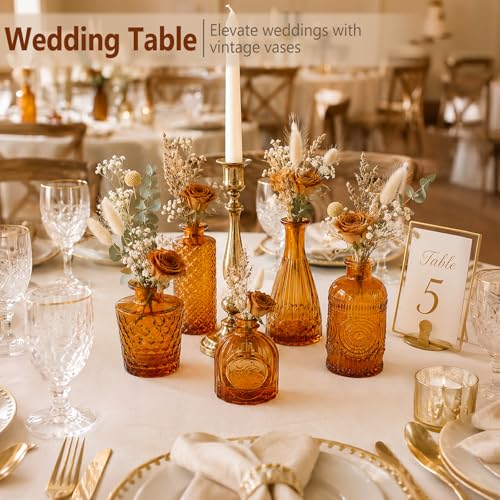 Amber Glass Bud Vases Set of 5, Mini Flower Vase for Centerpieces, Brown Small Bud Vases in Bulk for Wedding Decorations, Vintage Vase for Table, Recepetion, Home Décor - color: Amber Brown, size: 5pcs