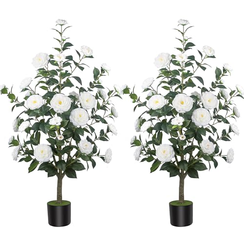 2Pack 47.24"/3.94FT Artificial Camellia Trees with 36 White Flowers in Cement Pots – Lifelike Fake Trees for Front Porch, Home, Indoor Outdoor Spring Decor, Office or Housewarming Gifts - color: White, size: 47.24 inchx2