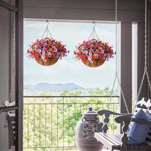Artificial Faux Hanging Plants Flowers Basket for Outdoor Spring Summer Decoration,Fake Silk Daisy in Planter Realistic UV Resistant for Outside Home Porch Patio Balcony Yard(Purple Red Pink) - color: Purple Red Pink