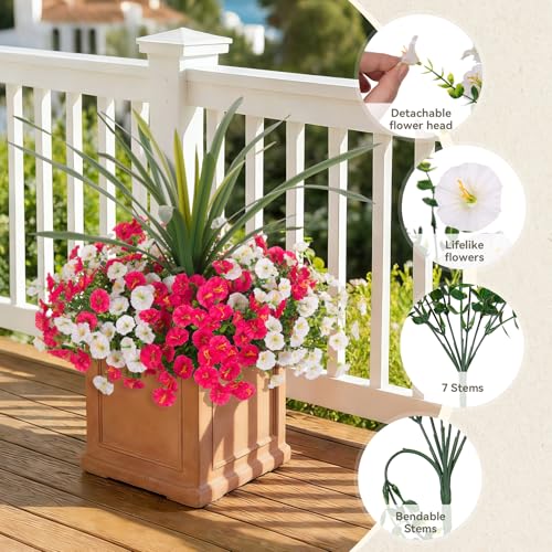 Artificial Flowers for Outdoors Fake Plants Outside, 12 Bundles Silk Morning Glory with Eucalyptus + Orchid Leaf UV Resistant Realistic Faux Flowers for Porch Planter Garden Patio (White Hot Pink) - color: White+hot Pink