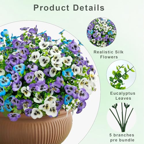 16 Bundles Artificial Fake Pansies Flowers for Outdoors Silk Colorful Pansy UV Resistant Faux Plastic Plants for Outside Planter Front Door Porch Yard Patio Garden Decor (Blue Purple White) - color: Blue Purple White