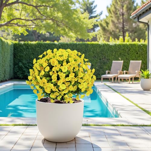 24" Artificial Potted Plants Outdoor Set of 2, UV Resistant Faux Yellow Flowers with Eucalyptus, Decorative Plants in Pots for Front Porch, Patio & Entryway - color: Yellow, size: 24in Morning Glory Eucalyptus