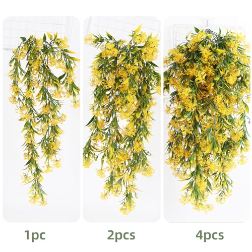 RECUTMS Artificial Hanging Plants 4 Pcs Ferns Plants Large Faux Artificial Hanging Plants Wall Plants Fake Ivy Room Decor Home Garden Wedding Party Indoor Outdoor Decorations(Yellow) - color: Style1-yellow