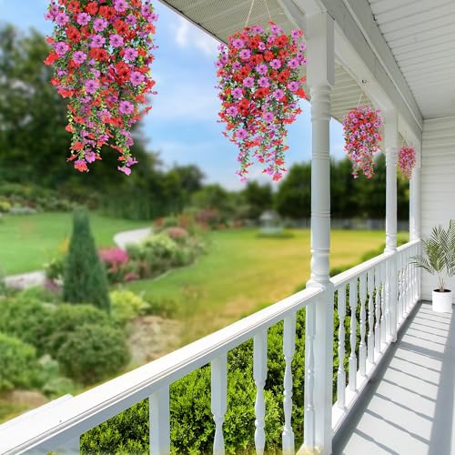 Artificial Fake Hanging Flowers Plants for Outdoor Outside Spring Summer Decoration 2PCS Faux Silk UV Resistant Realistic Mums Daisy with Eucalyptus for Home Porch Patio Balcony(Red & Magenta) - color: Magenta & Red