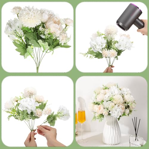 Tigeen Artificial Flowers Artificial Peonies Silk Flowers Faux Peony Fake Peony Silk Hydrangea Bouquet for Wedding Table Centerpiece Floral Vase Decor(Champagne White,12 Bundles) - color: Champagne White