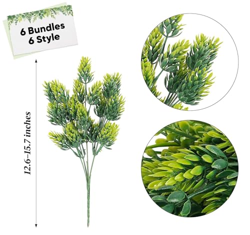 ilauke Fake Plants Greenery Stems 6 Bundles Artificial Greenery UV Resistant for Outdoors Planters Porch Window Box Patio Spring Faux Grass Decorations - color: Artificial Greenery Stems