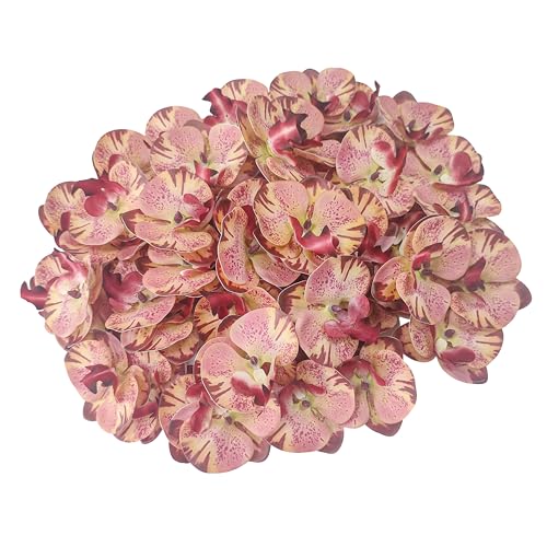 Fake Orchids Artificial Flowers Heads, 3.5''Fake Orchid Heads for Wedding Floral Bouquet Decor DIY Craft Making Bridal Shower Photography Props (80, Pink+Burgundy) - color: Pink+burgundy