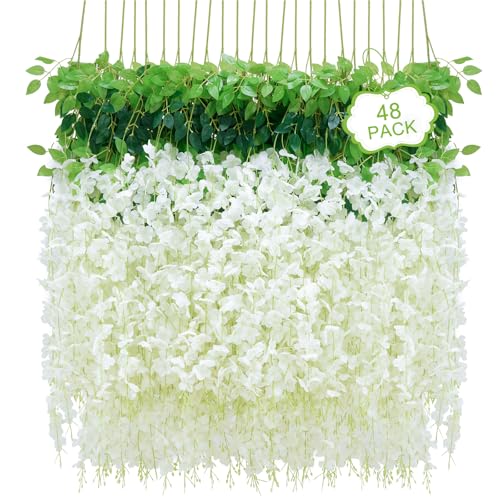 48Pcs Artificial Wisteria Hanging Flowers, 3.6Ft/Pcs White Fake Wisteria Garland for Wedding Party Home Garden Indoor Outdoor Decoration - color: White, size: 48Pcs