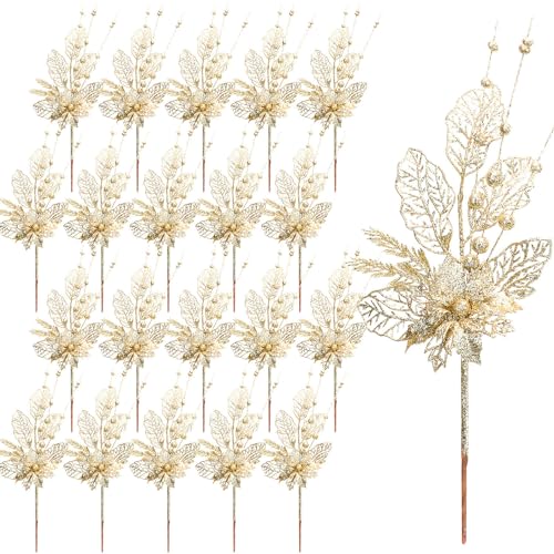 Tigeen 20 Pcs 16.5 Inch Gold Artificial Glitters Christmas Picks Decoration Sprays with Flowers Berry Leaves or Xmas Decor Wreaths Wreath Vase Fillers - color: Gold