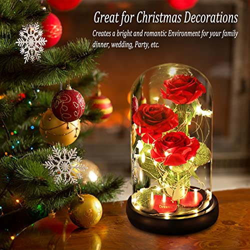 Beauty and The Beast Rose, Classic Red Rose with LED Lights and Falling Petals, Gifts for Women, Birthday Gifts for Women, Light Up Rose in Glass Dome, Valentine's Day Gifts for her - color: Classic Red