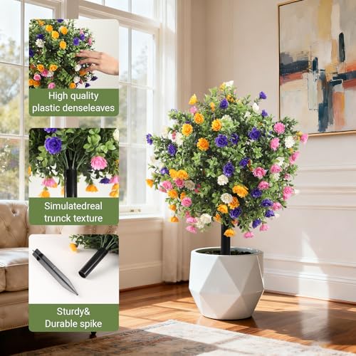 Artificial Topiary Bushes with Ground Spike Set of 2, Faux Boxwood Ball Trees for Outdoor, Fake Shrubs Bushes Decorations for Indoor Front Porch Garden - UV Resistant Faux Plants - Multicolor Flowers - color: Multicolor