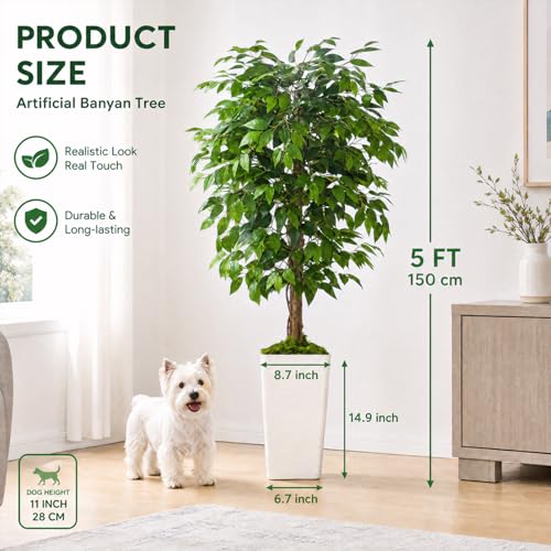 5FT Artificial Ficus Tree, 60 Inch Realistic Faux Silk Ficus Floor Plant with White Planter & Moss, Tall Fake Potted Tree for Indoor Home Office Living Room Corner Decor - color: White, size: 5ft