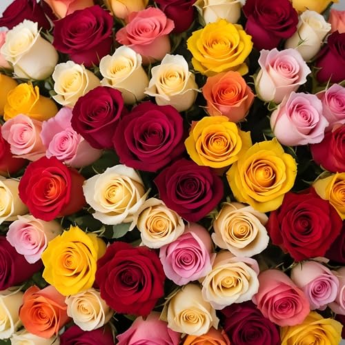 100 Rainbow Roses Assorted Mixed Color | Bulk Roses by Arabella Bouquets | Real Fresh Flowers for Delivery, Gift for Birthday, Women, Congratulations, Anniversary, Mother's Day - color: Assorted, size: 100 Stems