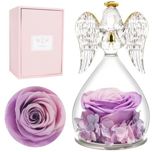 Miofula Gifts for Mom Birthday Gifts for Women, Preserved Flowers Rose in Glass Angel Figurines, Fresh Flowers for Delivery Anniversary Forever Real Roses Gifts for Mothers Grandma Her Wife Girlfriend - color: Pink+purple