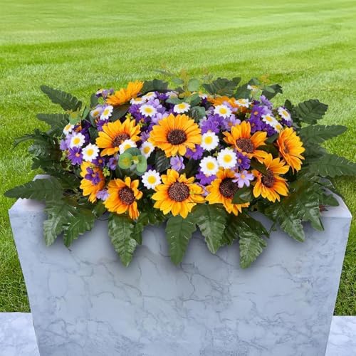 Zythrem Headstone Flower Saddle Cemetery Flowers for Grave Saddle Sunflowers with Artificial Wildflowers Memorial Flowers for Gravesite Orange Tombstone Saddles for Headstones Outdoor - color: Yellow