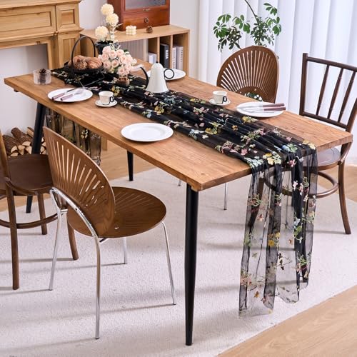 vctops 2 Packs Embroidery Lace Halloween Table Runner 10ft Floral Garden Seasonal Tulle Table Runner Holiday Kitchen Dining Table Decoration for Wedding Party Baby Shower Birthday (Black,30"x120") - color: Black