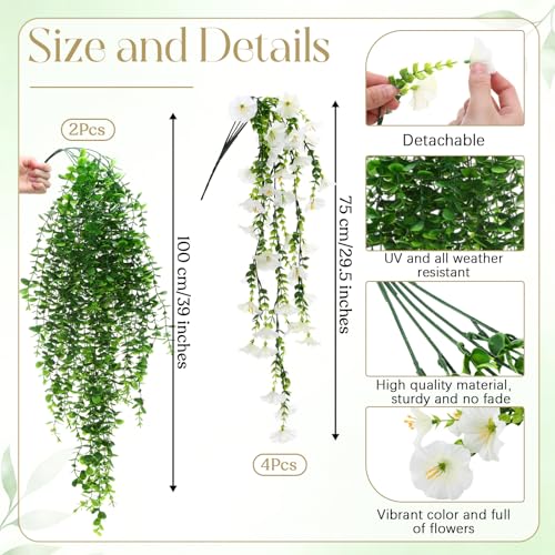 Yinder 2 Set/6pcs Artificial Eucalyptus and Morning Glory Stems, Fake Hanging Flowers for Wedding Home Garden Patio Porch Decor