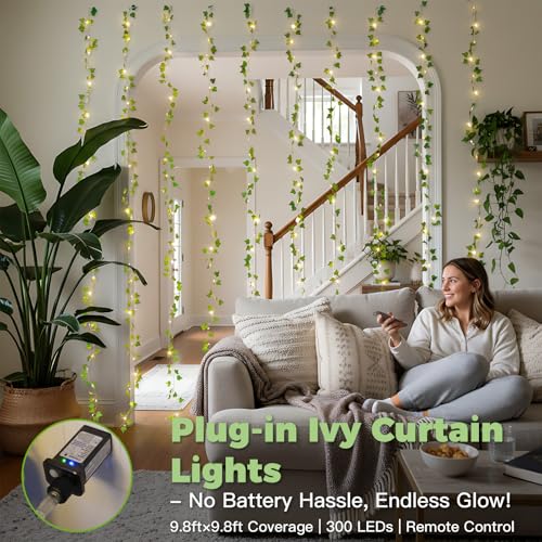 suddus 300 LED Vines with Lights Plug in, 9.8ft x 9.8ft Fairy Lights with Vines, Ivy Curtain Lights for Wall, Bedroom, Dorm, Wedding, Party, Indoor, Outdoor Decor(Warm White) - color: Ivy, size: Plug In-300Led