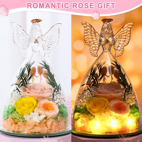 Mothers Day Rose Gifts for Women Preserved Real Flower in Glass Angel Figurines Roses for Delivery Prime Birthday Gifts for Mom Grandma Girlfriend Wife Her, Champagne Austin Roses - color: Champagne With Austin Roses