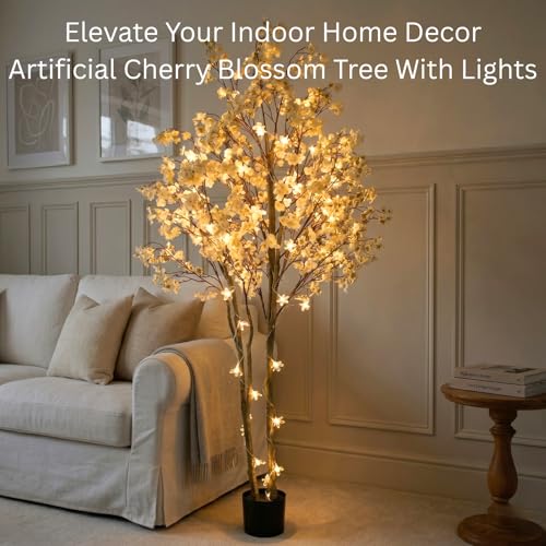 Artificial Cherry Blossom Tree with Lights 6ft Tall, White Faux Cherry Blossom Tree Indoor with LED String Lights, Japanese Sakura Tree for Living Room Office Home Decor - color: White Tree