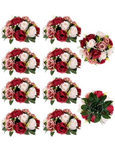 BLOSMON Wedding Flowers Centerpieces for Tables: 10 Pcs Burgundy & Dusty Rose & Creamy White Fake Roses Kissing Balls Decoration - Artificial Silk Floral Arrangements for Home Party DIY Decor - color: Burgundy & Dusty Rose & Creamy White