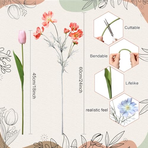 Hoteam 8 Pcs Wildflower Artificial Flowers Fake Flowers 24'' Cosmos Silk Flower 18'' Faux Tulip Long Stem Wildflower Colorful Coreopsis Bouquet for Wedding Floral Arrangements Garden Table Decoration