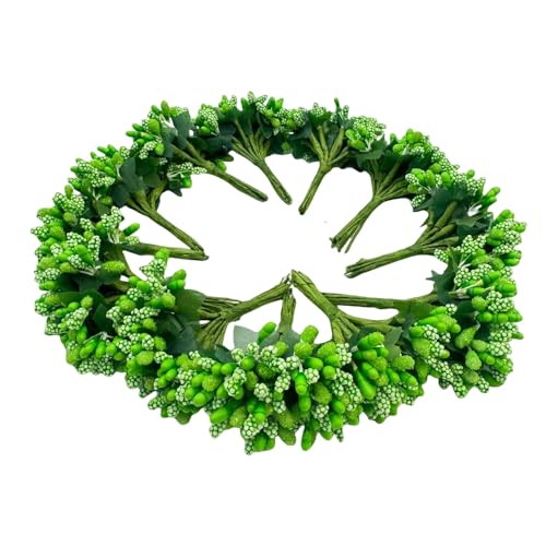 144pcs Artificial Mini Flower Stamen Pistil and Soft Stem, 20mm Tiny Berry for DIY Make Bridal Hair Clips, Cake Top, Wrist Corsage Boutonniere, Candle Rings Wreath Bracelet Flower (Green) - color: Green