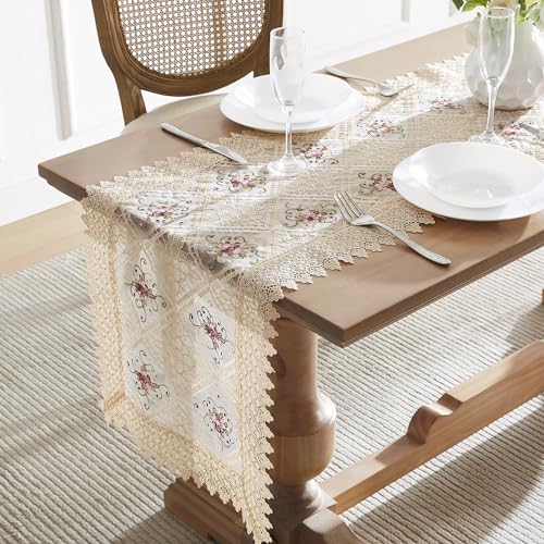 LINENZONE Gold Farmhouse Table Runner with Flower Design. 72 Inch Dining Table Runner for Holiday or Wedding Decor. (Viola 16 x 72, Linen) - color: Linen, size: 72" x 16" (Rectangular)