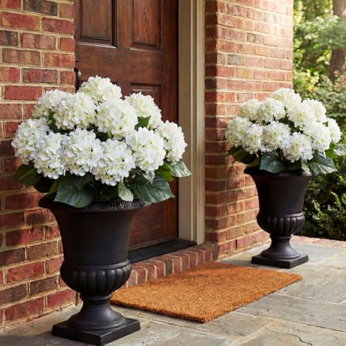 Hotop Hydrangea Artificial Flower Bush for Outdoor 19.6inch Large Silk Hydrangea 5 Heads Realistic UV Resistant Fake Flower for Porch Bouquet Window Box Wedding Indoor(2 Pcs,White) - color: White