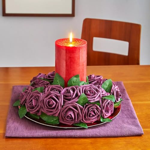 Artificial Purple Foam Roses with Stems & Leaves - Pack of 50, Perfect for Wedding Centerpieces, Event Decor, DIY Bouquets, and More - color: Purple
